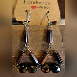 Handmade Copper Iridescent Glass & Crystal & Beaded Earrings
